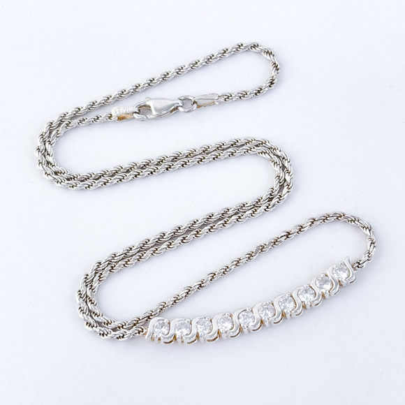 Vintage Italy SU Sterling Silver 925 Cubic Zirconia Bar Pendant Necklace 17” - Picture 2 of 5